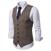 baratos Gilets-Homens Colete Casamento Trabalho O negócio Diário Negócio Casual Inverno Bolsos Poliéster A Prova de Vento Secagem Rápida Xadrez Não Trespassado Decote V Normal Cinzento Claro Cinzento Escuro Café
