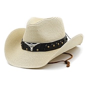 abordables Sombreros-Sombreros de vaquero para mujer, sombrero de paja panamá de estilo étnico, cinturón, sombreros occidentales decorados con vaca
