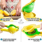 abordables Utensilios de cocina y gadgets-Exprimidor de lima limón 2 en 1 - exprimidor de mano exprimidor de limón - exprimidor de cítricos manual de extracción máxima (atolón amarillo y azul vibrante)