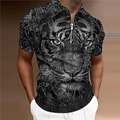 baratos Polo Masculino Estampa Animal-Homens Tigre Camisas Polo com zíper Camisa de golfe Manga Curta Camisas polo Camisas de colarinho Casual Engraçado Streetwear Roupas de férias Trajes de festa Impressão 3D Polo com fecho de correr de