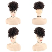 cheap Bangs-Afro High Puff Hair Bun Drawstring Ponytail With Bangs Short Kinky Curly Pineapple Pony Tail Clip in on Wrap Updo Ponytail Extensions