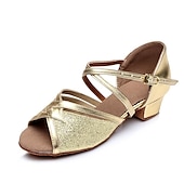 abordables Chaussures de danses latines-Chaussures de danse latine noires et dorées pour filles – sandales de salon en satin à talon bas avec brides croisées pour l&#039;entraînement, la performance et la compétition