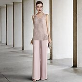 voordelige Broekpakken van mama-Jumpsuit  Broekpak 3-delige Moeder van de Bruid Formele Bruiloft Gast Elegante Wrap Inclusief Scoop Hals Vloerlengte Chiffon Kant Mouwloos met Ruffles gratis op maat
