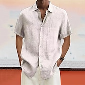 voordelige Vakantie-Voor heren linnen overhemd Zomer overhemd Strand Kleding Overhemd met knopen Effen Vakantie Curise Zwart Wit blauw Licht Paars Korte mouw Strijkijzer Lente &amp; Herfst Kleding Button-omlaag