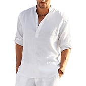 preiswerte Klassiker-Herren Hemd leinenhemd Hemd mit Stehkragen Popover-Shirt Sommerhemd Strandbekleidung Feste Farbe Hawaiianisch Festtage Schwarz Weiß Gelb Rosa Langarm Henley Sommer Frühling Bekleidung Button-Down
