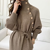 billiga Tröja klänningar-dam tröja klänning vinter klänning fodral klänning knälång klänning svart khaki beige långärmad ren färg knapp höst vinter höst polokrage snygg vinter klänning höst klänning lös passform 2023 one-size