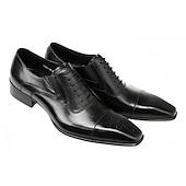 cheap Formal-Men&#039;s Black Faux Leather Oxford Dress Shoes - Classic Cap Toe Design with Brogue Detailing, Perfect for Formal Events, Weddings, and Business Attire