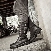 cheap Biker Boots-Men&#039;s Black Leather Motorcycle Boots with Buckle Straps and Lace-Up Design for Biker Style