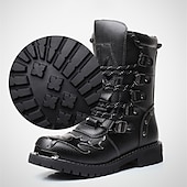 abordables Botas de ciclista-Botas de moto de cuero negro resistente para hombre: diseño resistente con múltiples hebillas y suela reforzada para uso en motociclistas y al aire libre