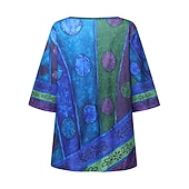 cheap Boho Tops-Women's Plus Size Linen Shirt Boho T-shirt T Shirt Streetwear Casual Color Block Striped Print Half Sleeve Regular Tops Crew Neck Daily Sports Weekend Red Blue Purple Summer Spring
