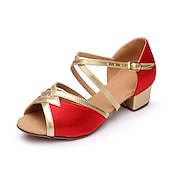 abordables Chaussures de danses latines-Chaussures de danse latine noires et dorées pour filles – sandales de salon en satin à talon bas avec brides croisées pour l&#039;entraînement, la performance et la compétition
