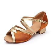 abordables Chaussures de danses latines-Chaussures de danse latine noires et dorées pour filles – sandales de salon en satin à talon bas avec brides croisées pour l&#039;entraînement, la performance et la compétition