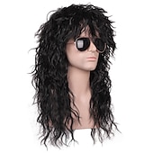 cheap Historical Wigs-Funny mens Carnival costume Wig Mens 70s 80s Long Curly Black Rocker Costume Wig Halloween Wigs