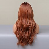 abordables Perruques Synthétiques Sans Bonnet-ombre auburn brun blonde longues perruques ondulées avec une frange cheveux naturels quotidiens pour les femmes perruques de fête de noël