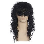 abordables Pelucas históricas-Peluca de rockero metal de los años 70 80 peluca larga rizada negra de hombre para fiesta disfraz anime pelucas de Halloween