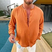 Men's Shirt Summer Shirt Button Up Shirt Designer Shirt Orange Long Sleeve Plain Collarless Street Daily Button-Down Clothing Apparel Cotton Cotton Blend Fashion Casual Comfortable4