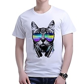 levne Pánské grafické tričko-Pánské cool tričko DJ kočka s grafikou sluchátky a slunečními brýlemi bílé tričko krátký rukáv