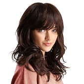 economico Parrucche trendy sintetiche-Parrucca marrone con riflessi parrucche a caschetto con frangia parrucca ondulata lunga fino alle spalle parrucca con parte centrale per donne parrucche per feste di Natale
