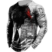 billiga Vintage T-shirts-Herr Djur Templarkorset Grafiska tryck T-shirt nödställd t-shirt Långärmad T-shirt 3D-tryck Rund hals Skjorta Vintage Designer Lättvikt Utomhus Dagligen Helgdag Gul Rubinrött Blå Vår &amp; Höst Kläder S