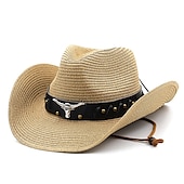 abordables Sombreros-Sombreros de vaquero para mujer, sombrero de paja panamá de estilo étnico, cinturón, sombreros occidentales decorados con vaca