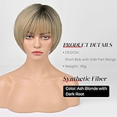 economico parrucca più vecchia-parrucca bionda bob con frangia ad aria per donne bianche 10 parrucche corte biondo cenere ombre con radici scure parrucche sintetiche parte laterale parrucchino dall&#039;aspetto naturale