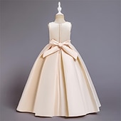preiswerte Kleider für die Blumenmädchen-Blumenmädchenkleid Mädchen Kleid Abendkleid Party Kleid Hochzeit Party Besondere Anlässe Kuschelig Prinzessin Bestickt Schleife Einfarbig Ärmellos Rundhalsausschnitt Weiß Champagner 4-13 Jahre
