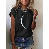 cheap Plain tee-Women&#039;s T Shirt Galaxy Moon Basic Short Sleeve Round Neck Regular Tops Casual Daily Black