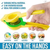 abordables Utensilios de cocina y gadgets-Exprimidor de lima limón 2 en 1 - exprimidor de mano exprimidor de limón - exprimidor de cítricos manual de extracción máxima (atolón amarillo y azul vibrante)