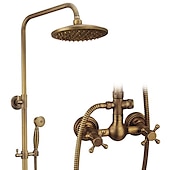cheap Shower Faucets-Vintage Shower System Faucet Combo Set Ceramic Mixer Valve, 8 inch Brass Rainfall Shower Head Showerhead with Handheld Spray, Antique Wall Mounted Tub and Shower Kit Bathroom Bath