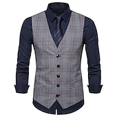 baratos Gilets-Homens Colete Casamento Trabalho O negócio Diário Negócio Casual Inverno Bolsos Poliéster A Prova de Vento Secagem Rápida Xadrez Não Trespassado Decote V Normal Cinzento Claro Cinzento Escuro Café