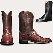 levne Cowboy &amp; Western Boots-pánské hnědé westernové kovbojské boty s krokodýlím potiskem z umělé kůže - vintage styl, ideální pro outdoorové i běžné nošení