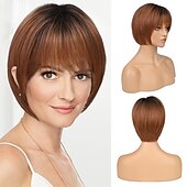 economico parrucca più vecchia-parrucca bionda bob con frangia ad aria per donne bianche 10 parrucche corte biondo cenere ombre con radici scure parrucche sintetiche parte laterale parrucchino dall&#039;aspetto naturale