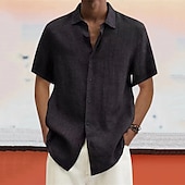 voordelige Vakantie-Voor heren linnen overhemd Zomer overhemd Strand Kleding Overhemd met knopen Effen Vakantie Curise Zwart Wit blauw Licht Paars Korte mouw Strijkijzer Lente &amp; Herfst Kleding Button-omlaag