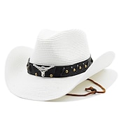 abordables Sombreros-Sombreros de vaquero para mujer, sombrero de paja panamá de estilo étnico, cinturón, sombreros occidentales decorados con vaca