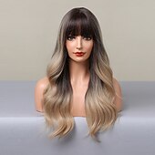 abordables Perruques Synthétiques Sans Bonnet-ombre auburn brun blonde longues perruques ondulées avec une frange cheveux naturels quotidiens pour les femmes perruques de fête de noël