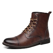 abordables Bottes de combat-bottines à lacets marron pour hommes – similicuir avec doublure en peluche chaude et semelle antidérapante durable, idéales pour les tenues décontractées d&#039;hiver