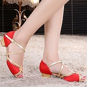 abordables Chaussures de danses latines-Chaussures de danse latine noires et dorées pour filles – sandales de salon en satin à talon bas avec brides croisées pour l&#039;entraînement, la performance et la compétition