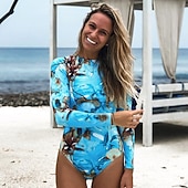 Χαμηλού Κόστους Rash Guards One Pieces-Γυναικεία Μαγιό γιλέκο Φλοράλ Συνδεμένο Σπαντέξ Προστασία από τον ήλιο UV UPF50+ Γρήγορο Στέγνωμα Μακρυμάνικο Κορμάκι Μαγιό Σέρφινγκ Παραλία Θαλάσσια Σπορ Καλοκαίρι