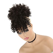 cheap Bangs-Afro High Puff Hair Bun Drawstring Ponytail With Bangs Short Kinky Curly Pineapple Pony Tail Clip in on Wrap Updo Ponytail Extensions