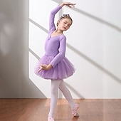 お買い得  バレエダンスウェア-子供用ダンスウェア バレエ ドレス ピュアカラー スプライシング チュール 女の子 訓練 性能 長袖 ハイウエスト コットン混 チュール