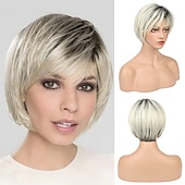 economico parrucca più vecchia-parrucca bionda bob con frangia ad aria per donne bianche 10 parrucche corte biondo cenere ombre con radici scure parrucche sintetiche parte laterale parrucchino dall&#039;aspetto naturale