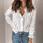 preiswerte Spitzenoberteile-Damen Hemd Spitzenhemd Bluse Ösen Top Elegant Vintage Mode Spitze Patchwork Knöpfe Langarm Normale Oberteile Alltag Wochenende Weiß Frühling Herbst