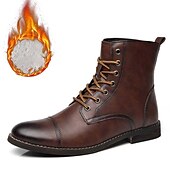 abordables Bottes de combat-bottines à lacets marron pour hommes – similicuir avec doublure en peluche chaude et semelle antidérapante durable, idéales pour les tenues décontractées d&#039;hiver