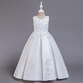 preiswerte Kleider für die Blumenmädchen-Blumenmädchenkleid Mädchen Kleid Abendkleid Party Kleid Hochzeit Party Besondere Anlässe Kuschelig Prinzessin Bestickt Schleife Einfarbig Ärmellos Rundhalsausschnitt Weiß Champagner 4-13 Jahre