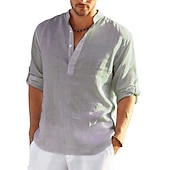 preiswerte Klassiker-Herren Hemd leinenhemd Hemd mit Stehkragen Popover-Shirt Sommerhemd Strandbekleidung Feste Farbe Hawaiianisch Festtage Schwarz Weiß Gelb Rosa Langarm Henley Sommer Frühling Bekleidung Button-Down