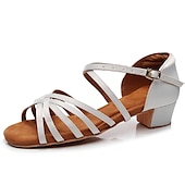 abordables Chaussures de danses latines-Chaussures de danse latine à talons bas et lanières pour femmes, couleur beige, avec semelle en daim souple – sandales de salon en satin respirant pour l&#039;entraînement et la performance