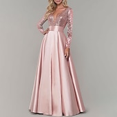 cheap PINK-A-Line Evening Gown Elegant Dress Prom Birthday Floor Length Long Sleeve V Neck Fall Wedding Guest Satin with Pleats Sequin 2025