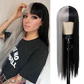 billige Karnevalsparykker-Kaneles halv svart halv grønn parykk lang rett hår med bangs cosplay naturlig bølgete parykk jenter cosplay fest show Halloween parykker