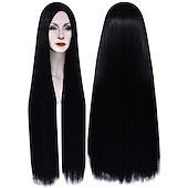 tanie Peruki z postaciami z filmów-rodzina addamsów 40 cali 100 cm ekstra długie czarne peruki dla kobiet peruka z prostymi włosami naturalne czarne peruki na imprezę morticia addams peruka damska peruki karnawałowe