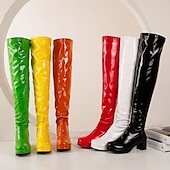 cheap Fashion Boots-Women&#039;s Black Patent Leather Over-the-Knee Boots with Chunky Heel, Stylish and Sleek for Night Out and Party Wear